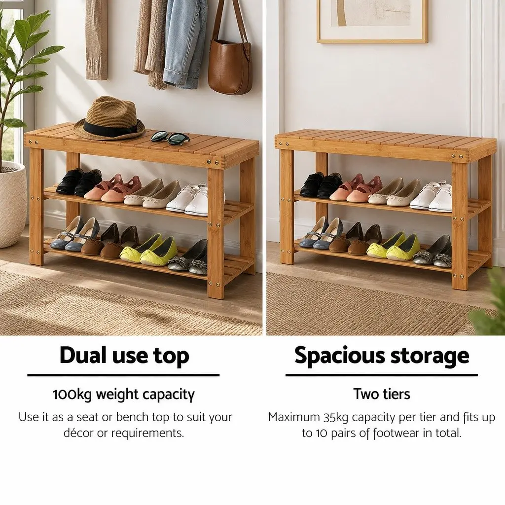 Bamboo Shoe Bench Rack Natural 70x28x46cm Two-Tier Storage Organizer Seat