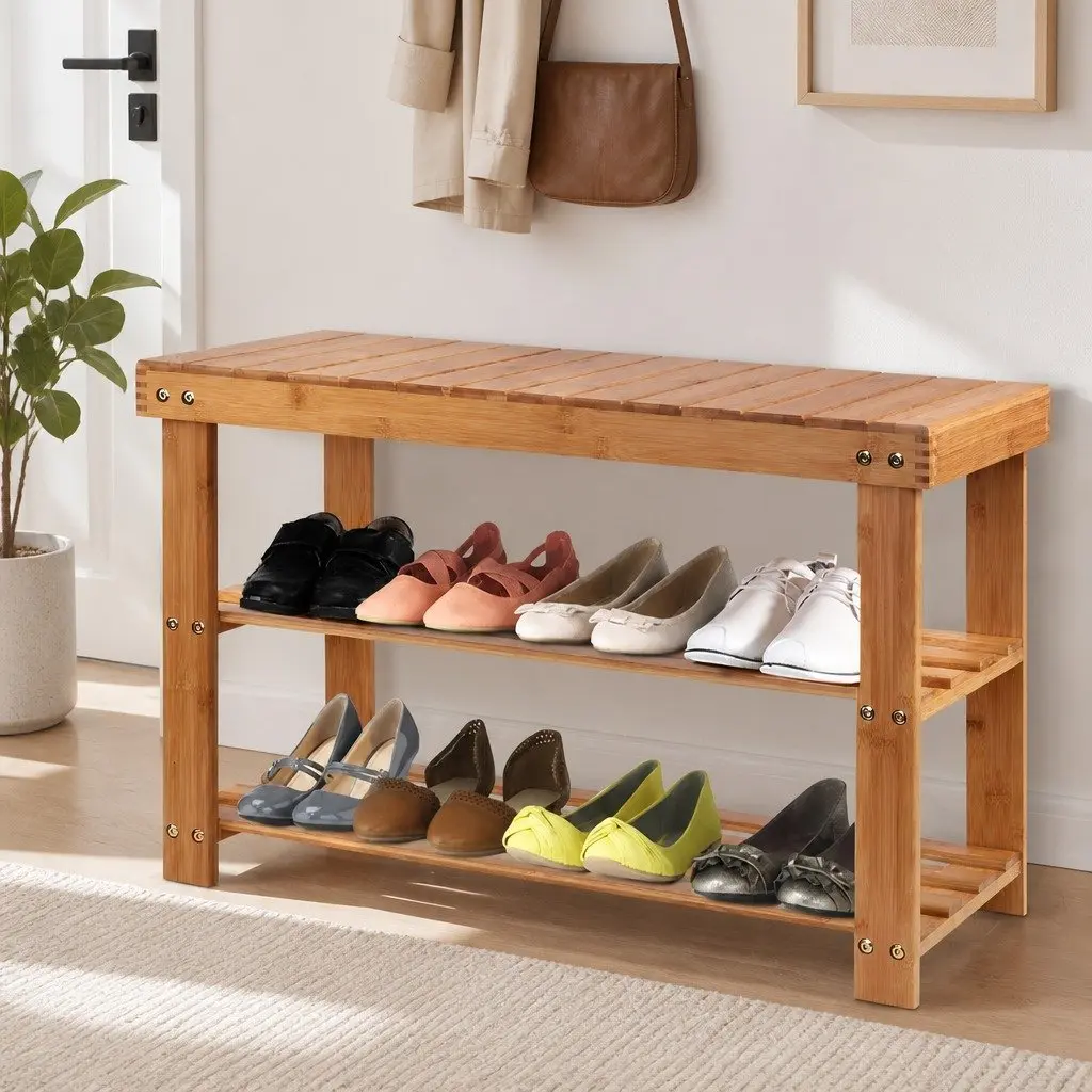 Bamboo Shoe Bench Rack Natural 70x28x46cm Two-Tier Storage Organizer Seat
