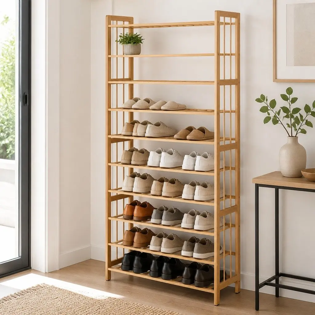 Bamboo Shoe Rack Natural 10-Tier Open Storage Organizer Durable Footwear Display