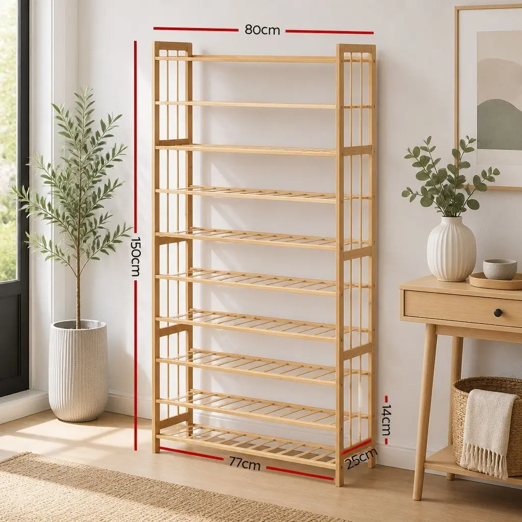 Bamboo Shoe Rack Natural 10-Tier Open Storage Organizer Durable Footwear Display