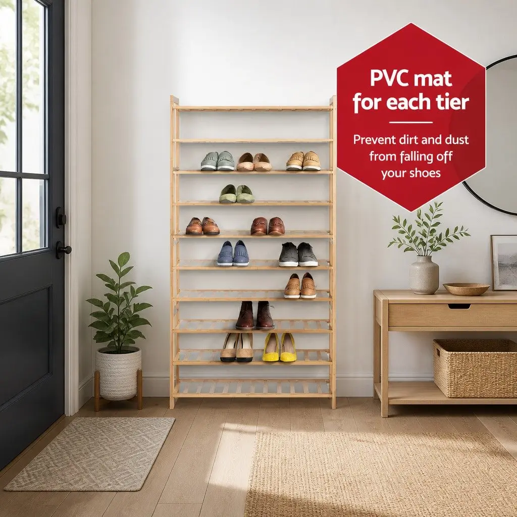 Bamboo Shoe Rack Natural 10-Tier Open Storage Organizer Durable Footwear Display