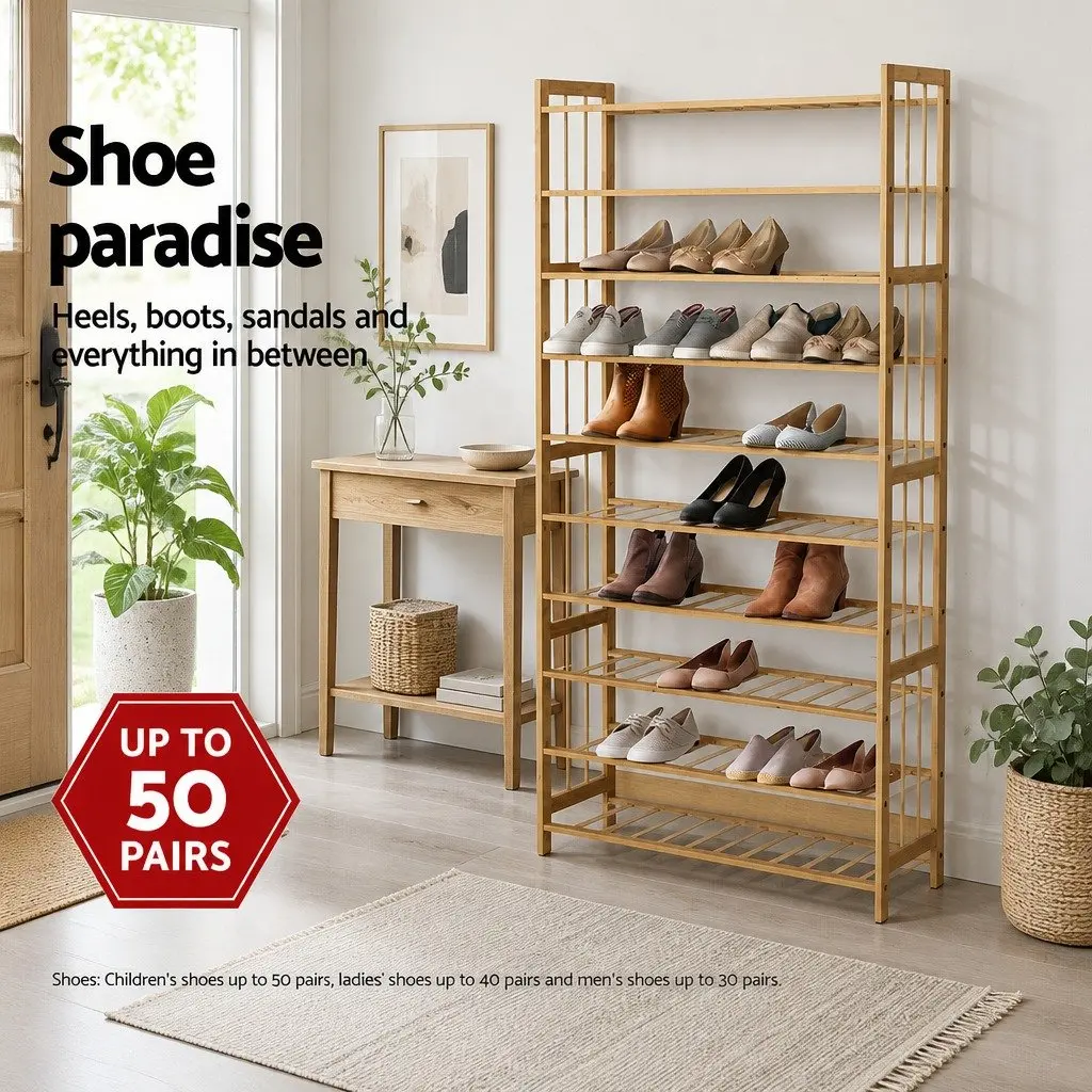 Bamboo Shoe Rack Natural 10-Tier Open Storage Organizer Durable Footwear Display