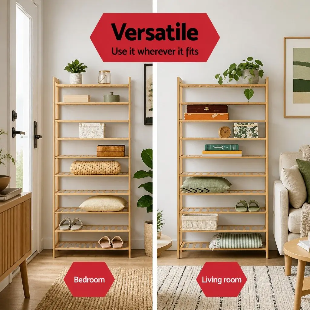 Bamboo Shoe Rack Natural 10-Tier Open Storage Organizer Durable Footwear Display