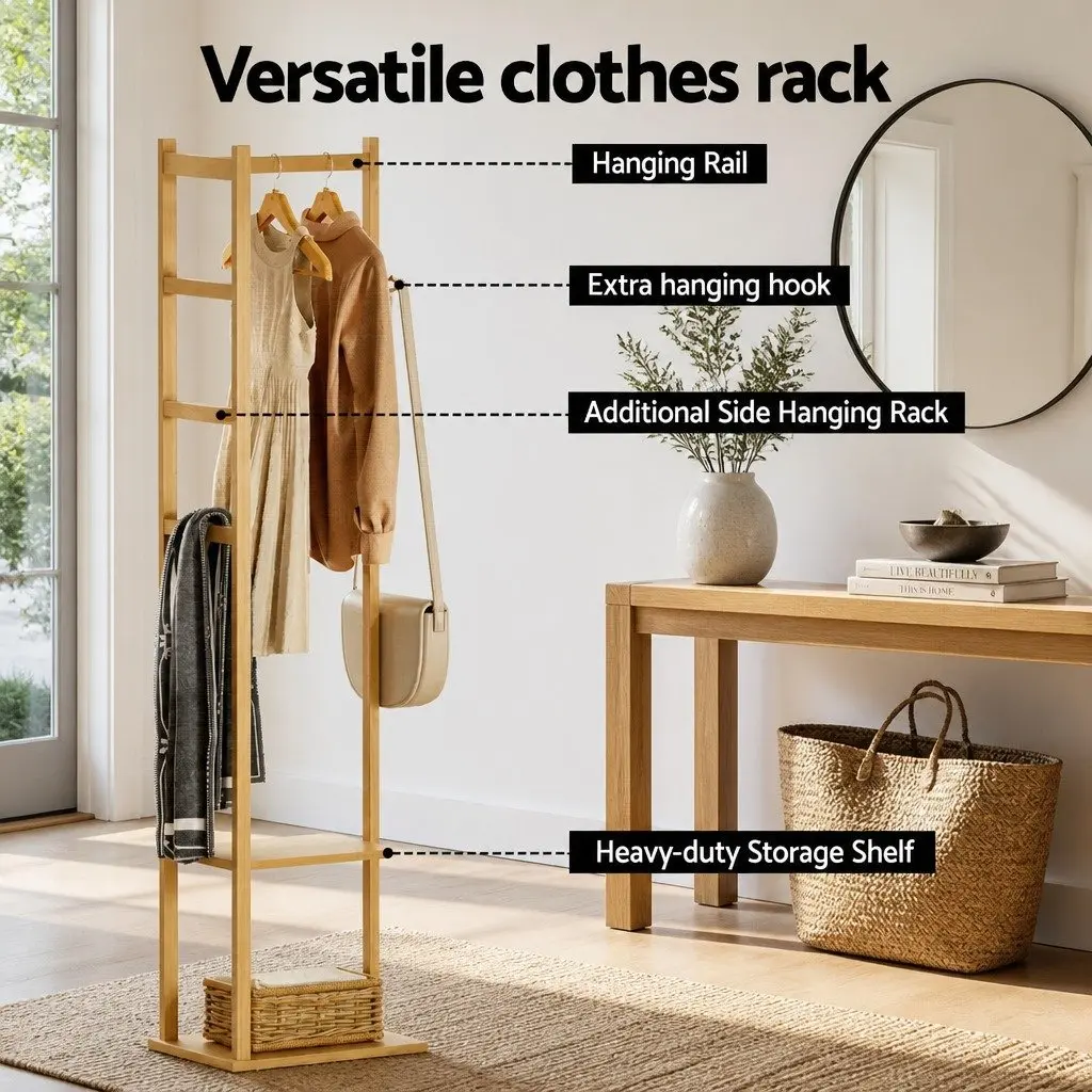 Clothes Rack Airer Coat Stand with Hanging Rail Storage Shelf Side Hook Bamboo