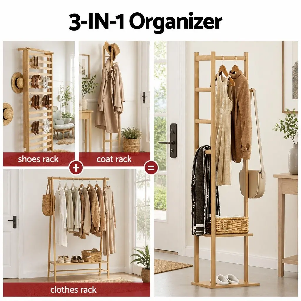 Clothes Rack Airer Coat Stand with Hanging Rail Storage Shelf Side Hook Bamboo