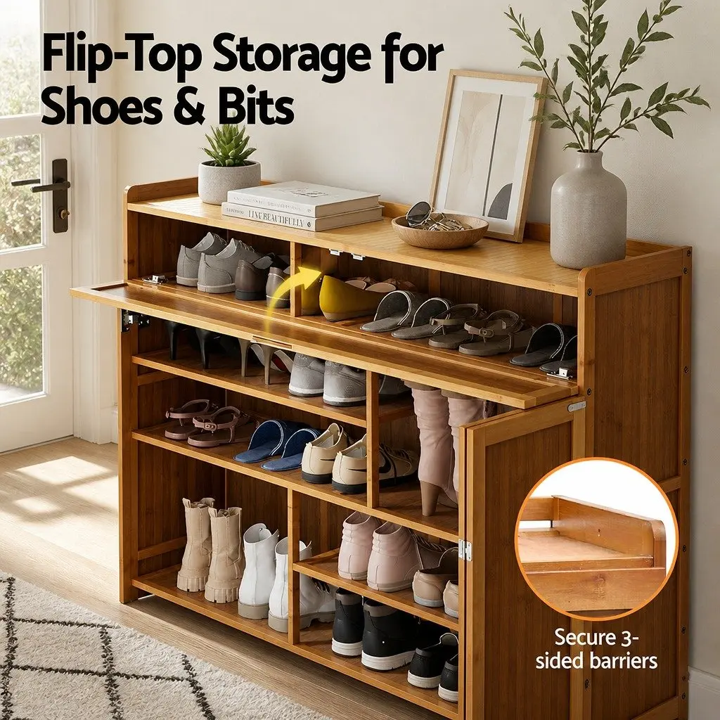 Shoe Rack Cabinet Natural Bamboo 7 Shelves Ample Storage Space