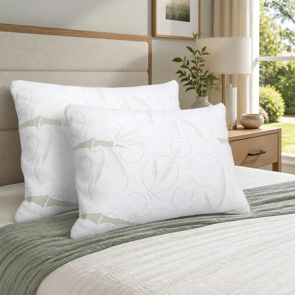 Memory Foam Pillow White 70x40cm Bamboo Fabric Twin Pack Shredded Foam
