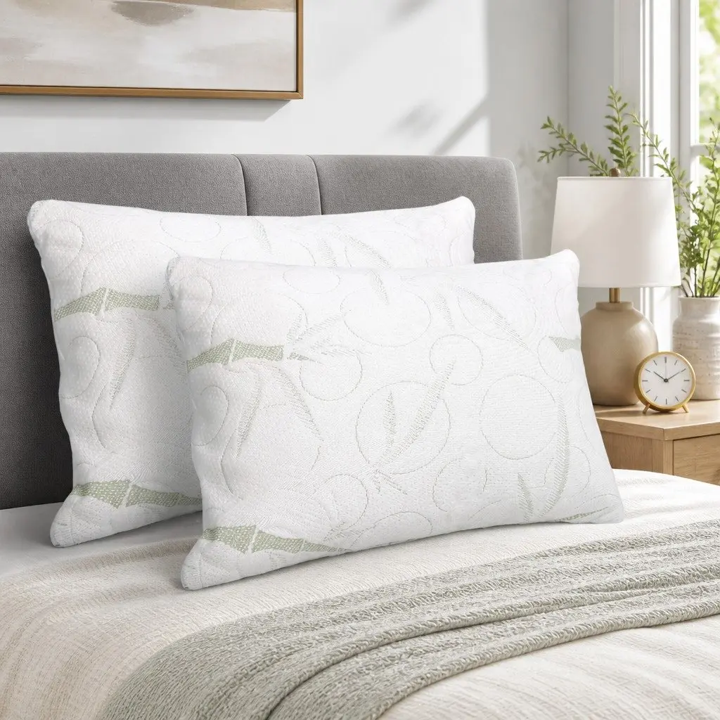 Memory Foam Pillow White 70x40cm Bamboo Fabric Twin Pack Shredded Foam