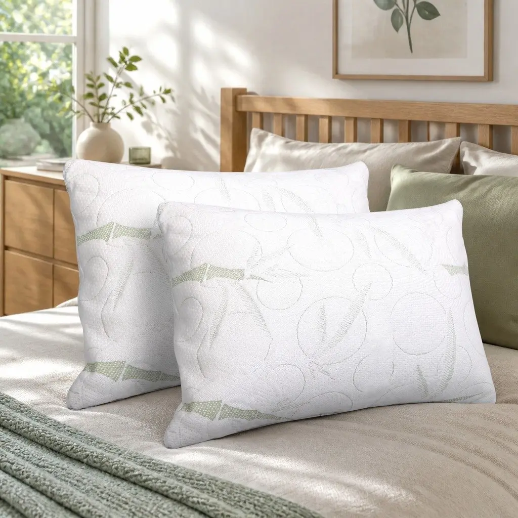 Memory Foam Pillow White 70x40cm Bamboo Fabric Twin Pack Shredded Foam