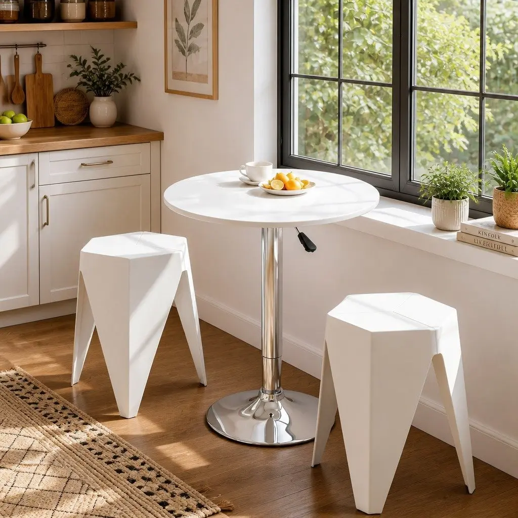 Bar Stools and Table Set White 3 Piece Height Adjustable Modern Dining Kitchen Chairs