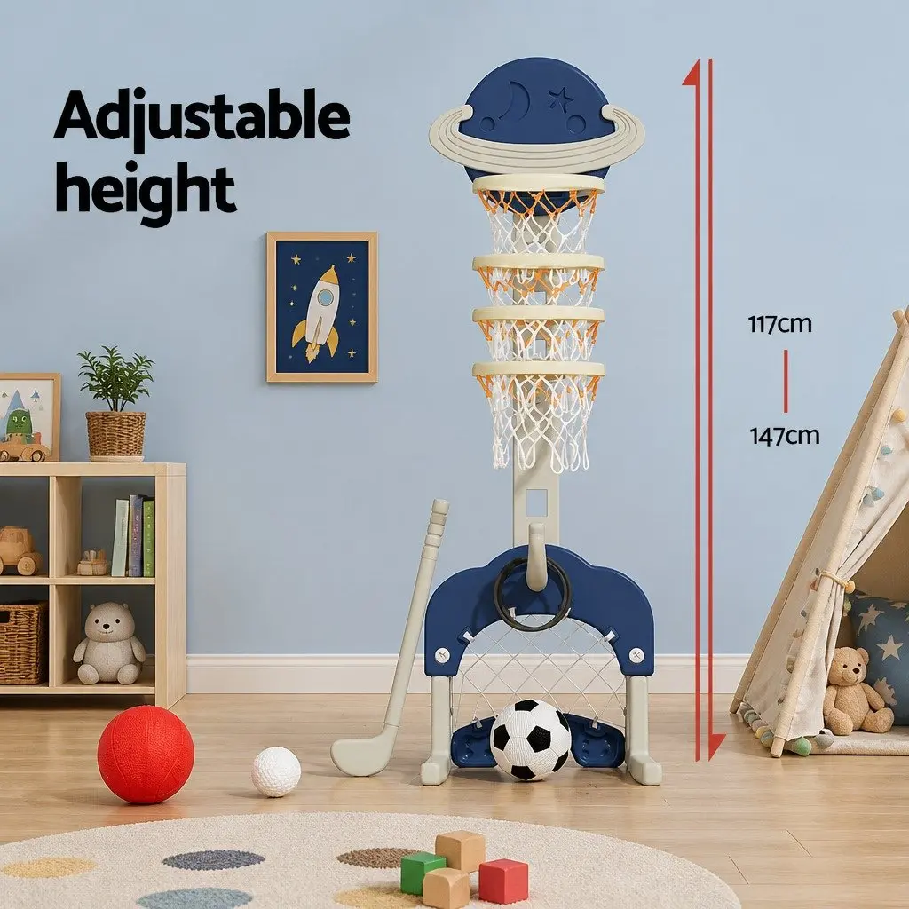 Kids Basketball Hoop Stand Blue Adjustable Height 6-in-1 Sports Activity Center