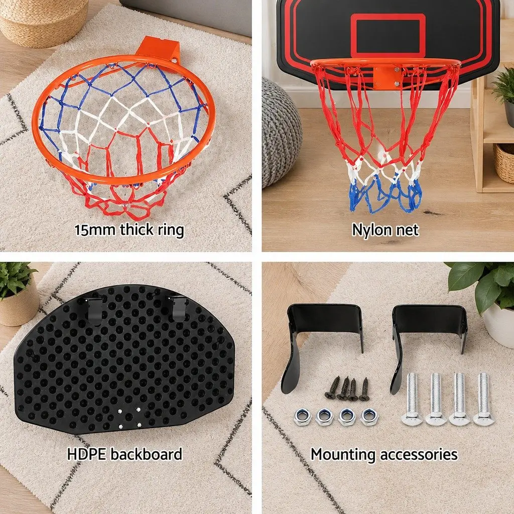 Basketball Hoop Black 38 Inch Wall Mounted Shatterproof Backboard High Tensile Steel Rim
