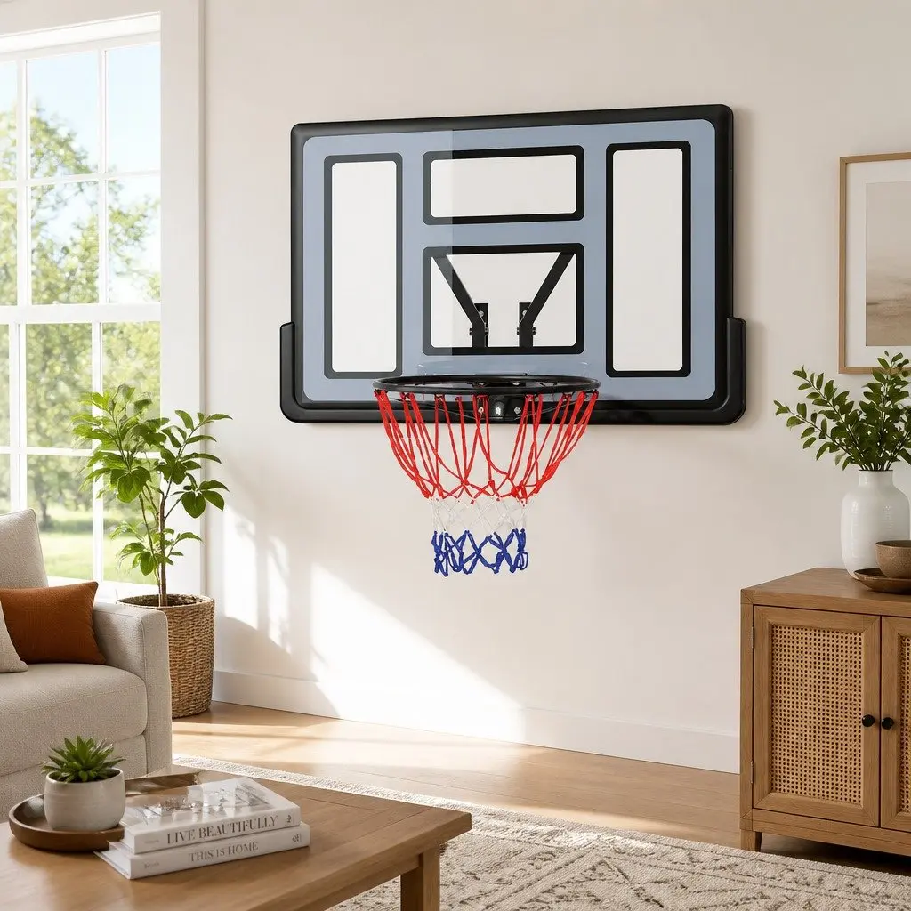 Basketball Hoop Blue 45 Inch Wall Mounted Shatterproof Backboard Spring Loaded Rim