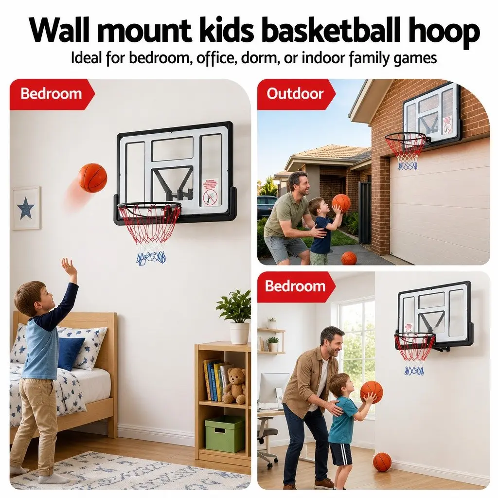 Basketball Hoop Black 43 Inch Wall Mount Indoor Outdoor Spring Loaded Rim