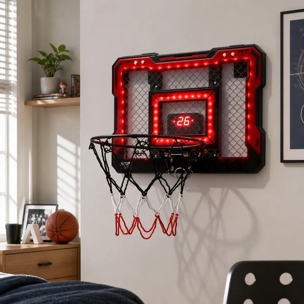 Mini Basketball Hoop Over Door Indoor LED Scoreboard Electronic Game 40x30cm Red