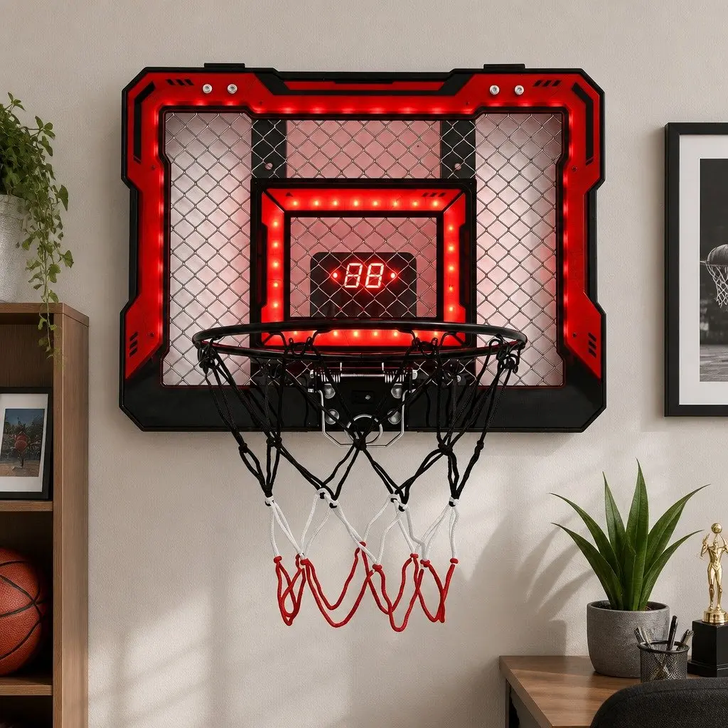 Mini Basketball Hoop Red 40x30cm Indoor Over Door with Electronic Scoreboard and Foldable Rim