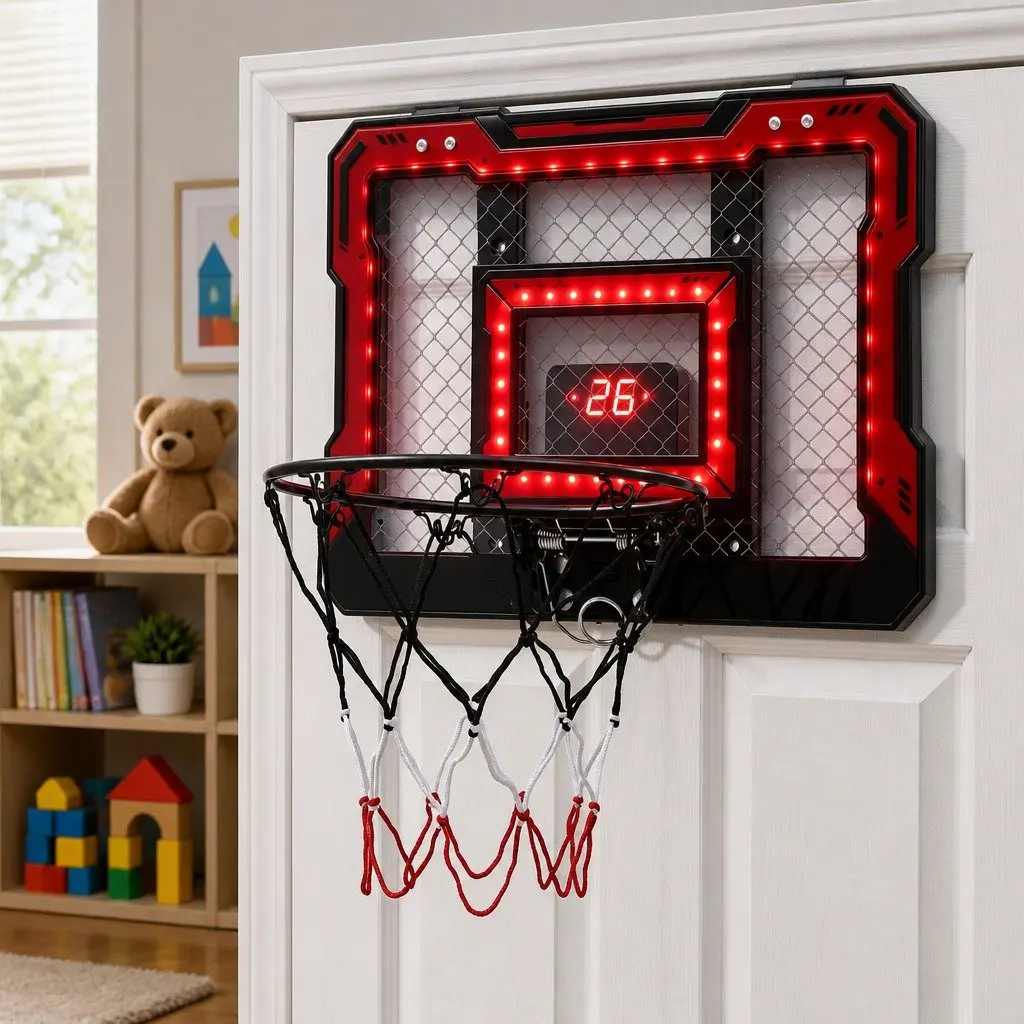 Mini Basketball Hoop Red 40x30cm Indoor Over Door with Electronic Scoreboard and Foldable Rim