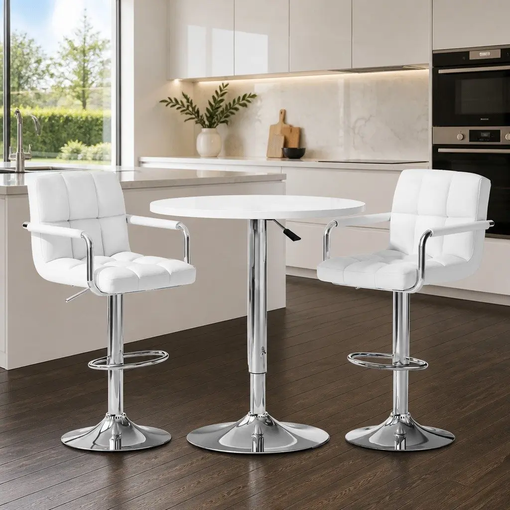 Bar Table and Stools Set White Dining Kitchen Cafe Pub Height Adjustable Swivel