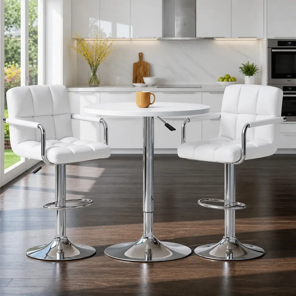 Bar Table and Stools Set White Height Adjustable Swivel 360 Degree