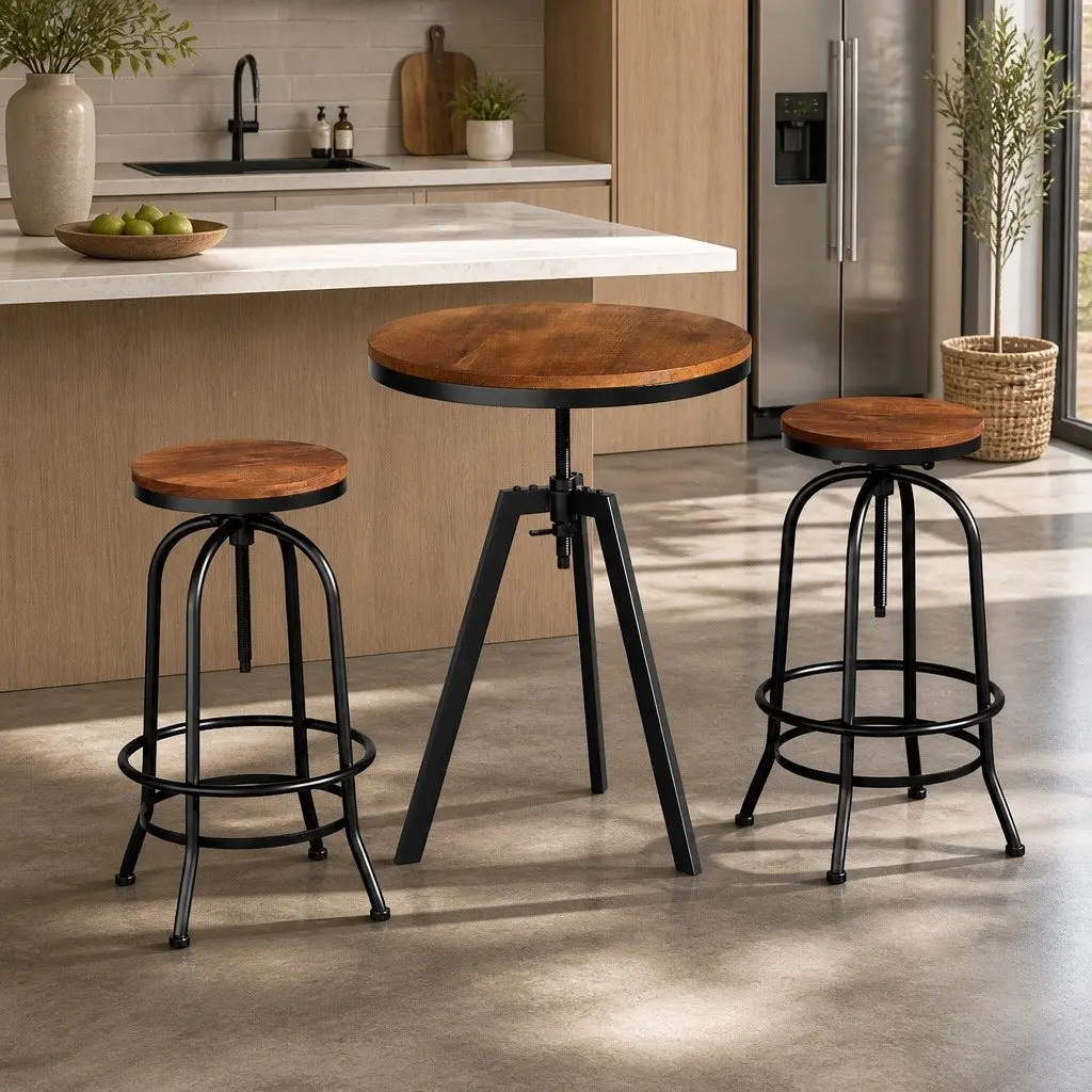Bar Stools Set Black Elm Wood Adjustable Swivel Industrial Kitchen Dining Table