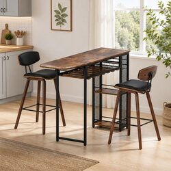 Bar Table and Stools Set 3PCS Dining Kitchen Pub Cafe Furniture with Wine Rack