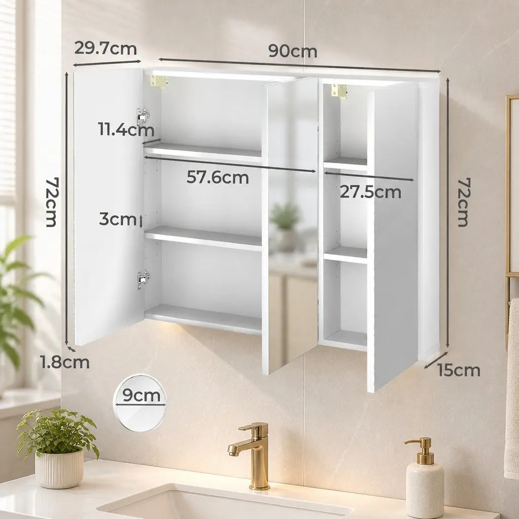 Bathroom Mirror Cabinet White 90CM Wall-Mounted with Magnifying Mirror and Adjustable Shelves