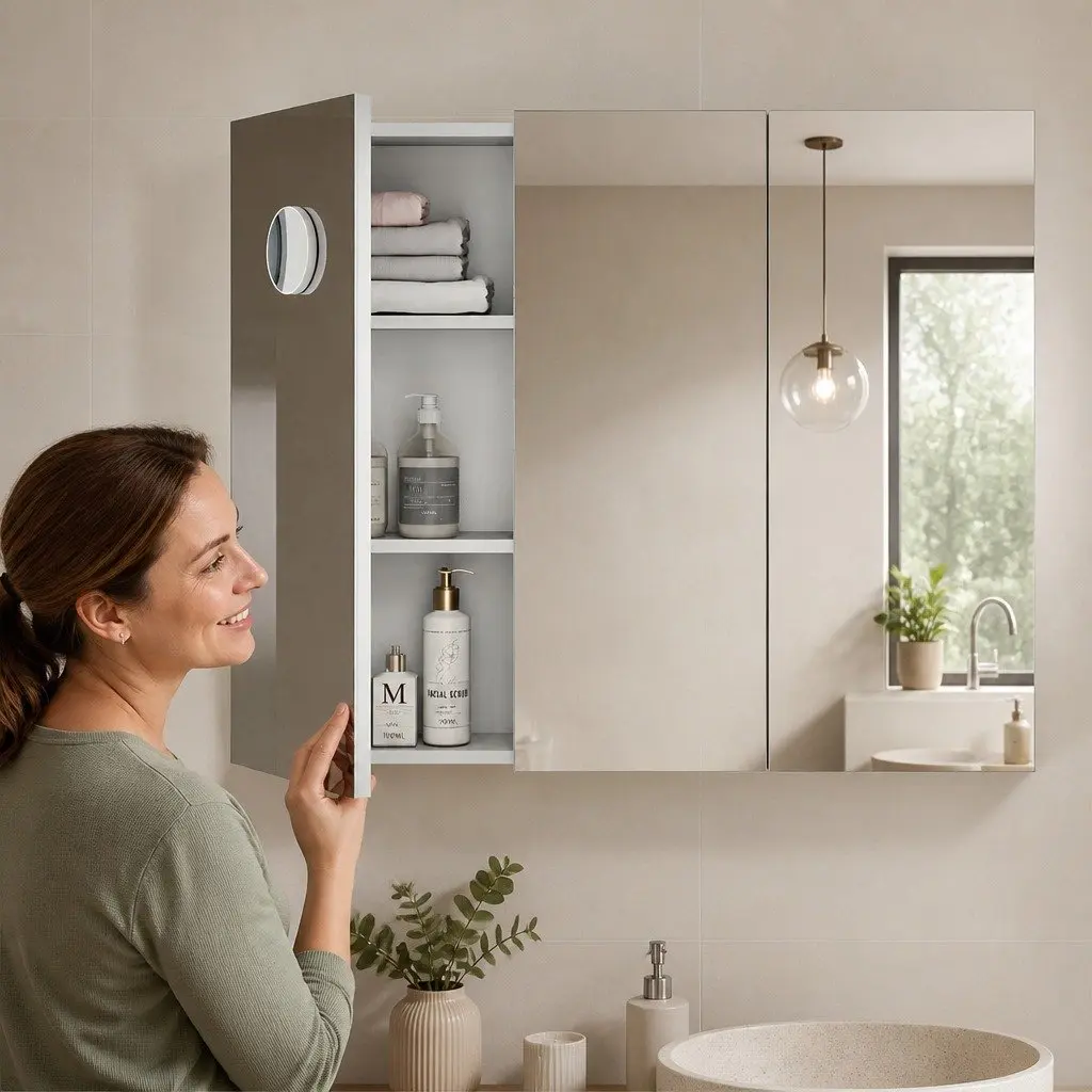 Bathroom Mirror Cabinet White 90CM Wall-Mounted with Magnifying Mirror and Adjustable Shelves