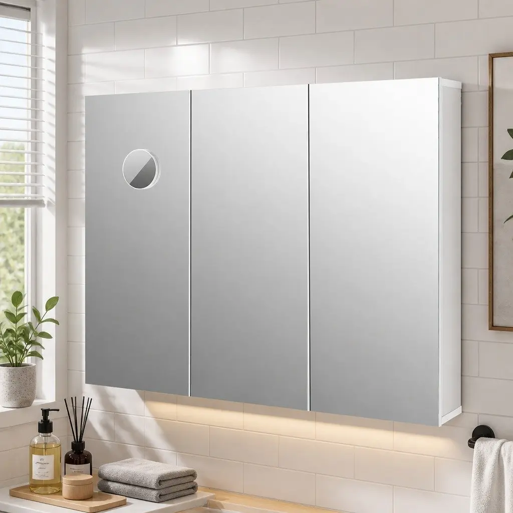 Bathroom Mirror Cabinet White 90CM Wall-Mounted with Magnifying Mirror and Adjustable Shelves