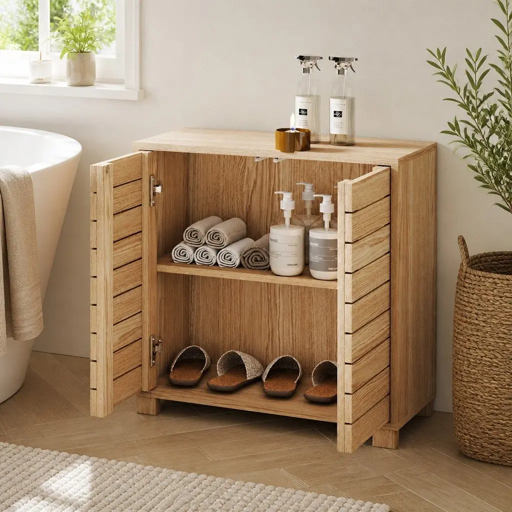 Bathroom Storage Cabinet Floor Standing Cupboard Sliding Doors Oak Organiser