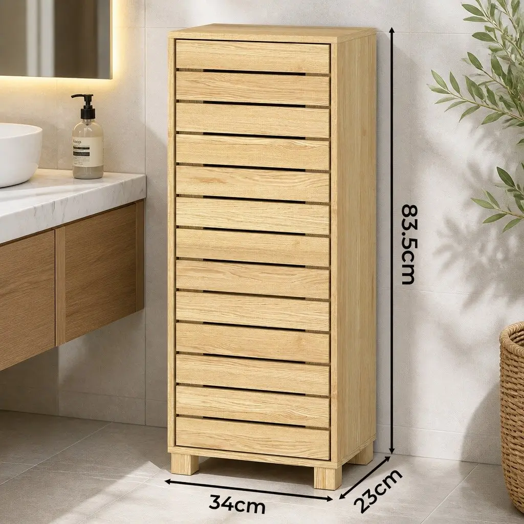 Bathroom Storage Cabinet Handleless Wood Floor Shelf Unit Cupboard Oak