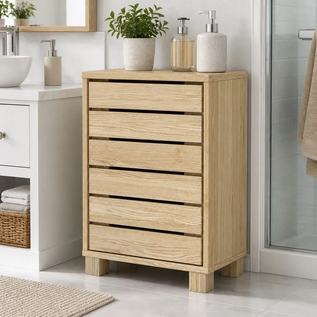 Bathroom Storage Cabinet Handleless Wood Floor Shelf Unit Cupboard Oak