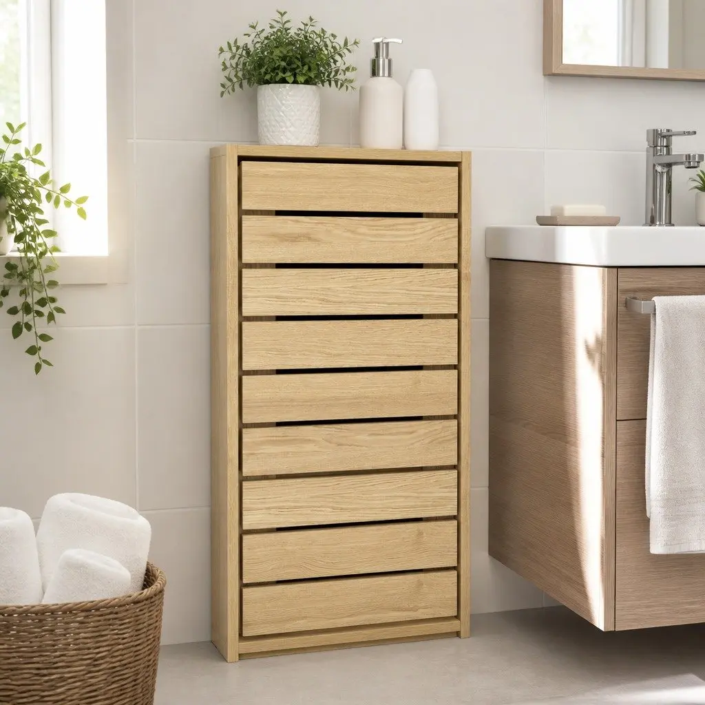 Bathroom Storage Cabinet Handleless Wood Floor Shelf Unit Cupboard Oak