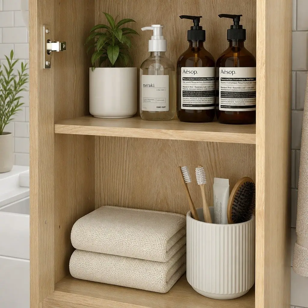 Bathroom Storage Cabinet Handleless Wood Floor Shelf Unit Cupboard Oak