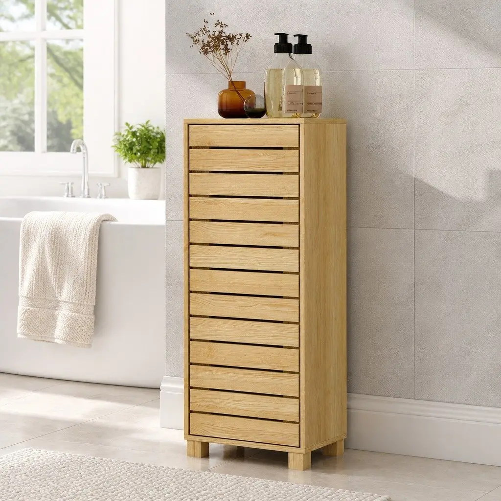 Bathroom Storage Cabinet Handleless Wood Floor Shelf Unit Cupboard Oak