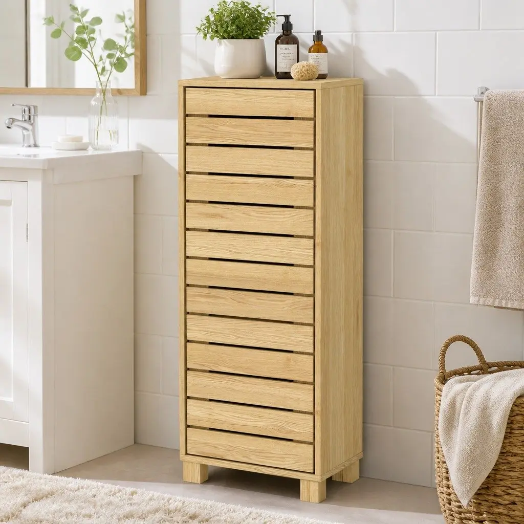 Bathroom Storage Cabinet Handleless Wood Floor Shelf Unit Cupboard Oak