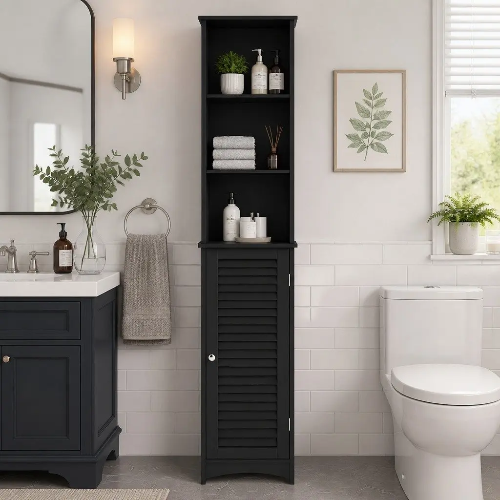 Tall Bathroom Storage Cabinet Black 166cm Freestanding Adjustable Shelves