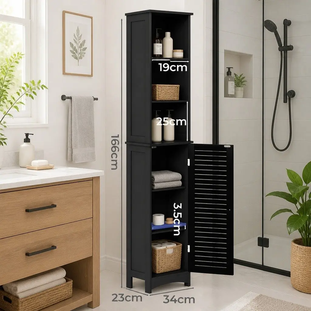 Tall Bathroom Storage Cabinet Black 166cm Freestanding Adjustable Shelves