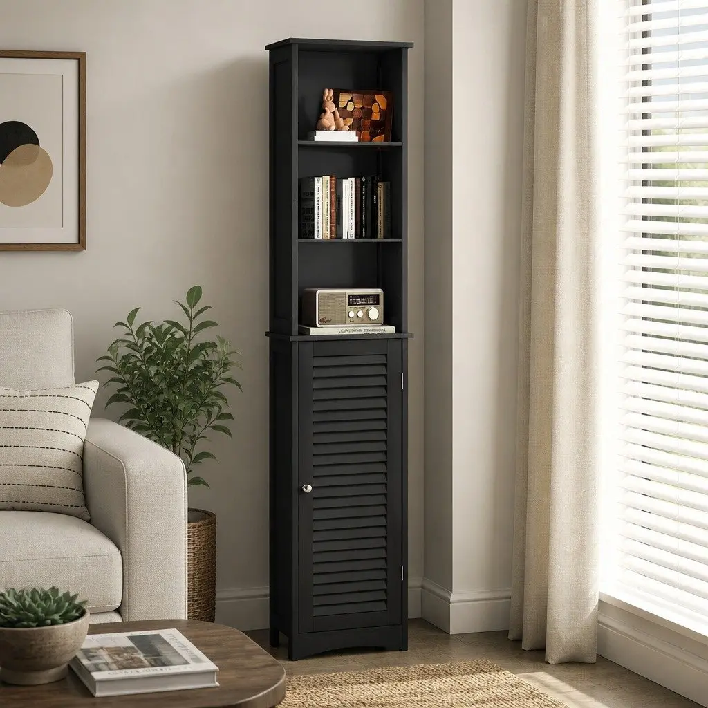 Tall Bathroom Storage Cabinet Black 166cm Freestanding Adjustable Shelves