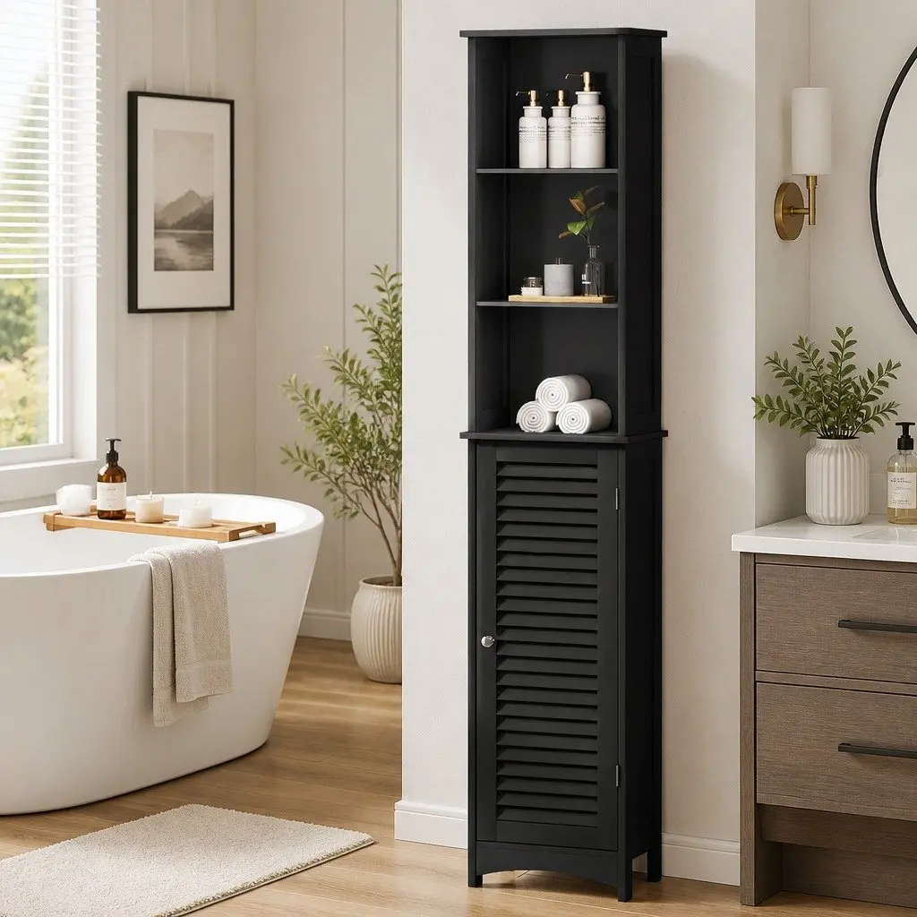 Tall Bathroom Storage Cabinet Black 166cm Freestanding Adjustable Shelves