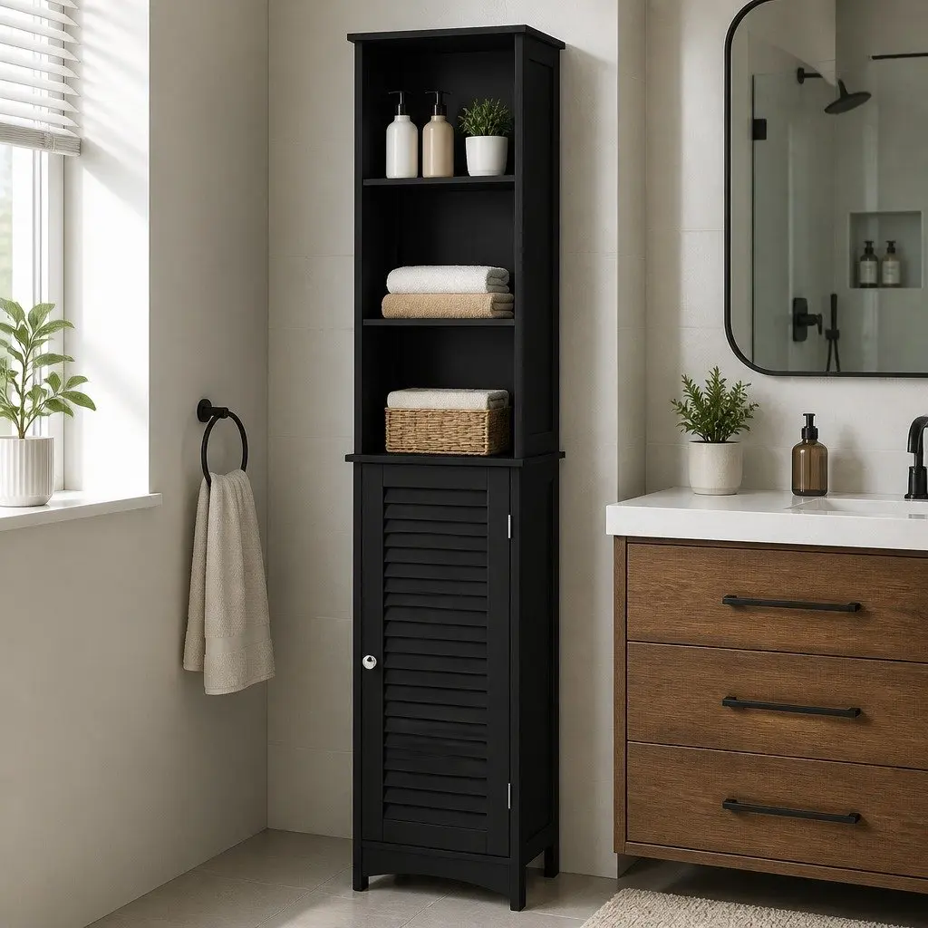 Tall Bathroom Storage Cabinet Black 166cm Freestanding Adjustable Shelves