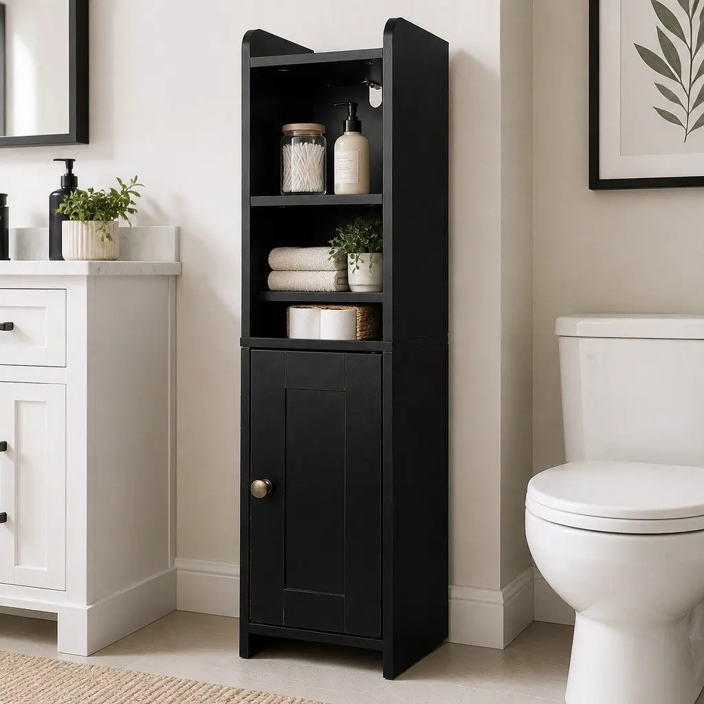 Bathroom Storage Cabinet Black Slim Corner Organiser with Adjustable Shelves and Hidden Toilet Paper Holder 78.5cm