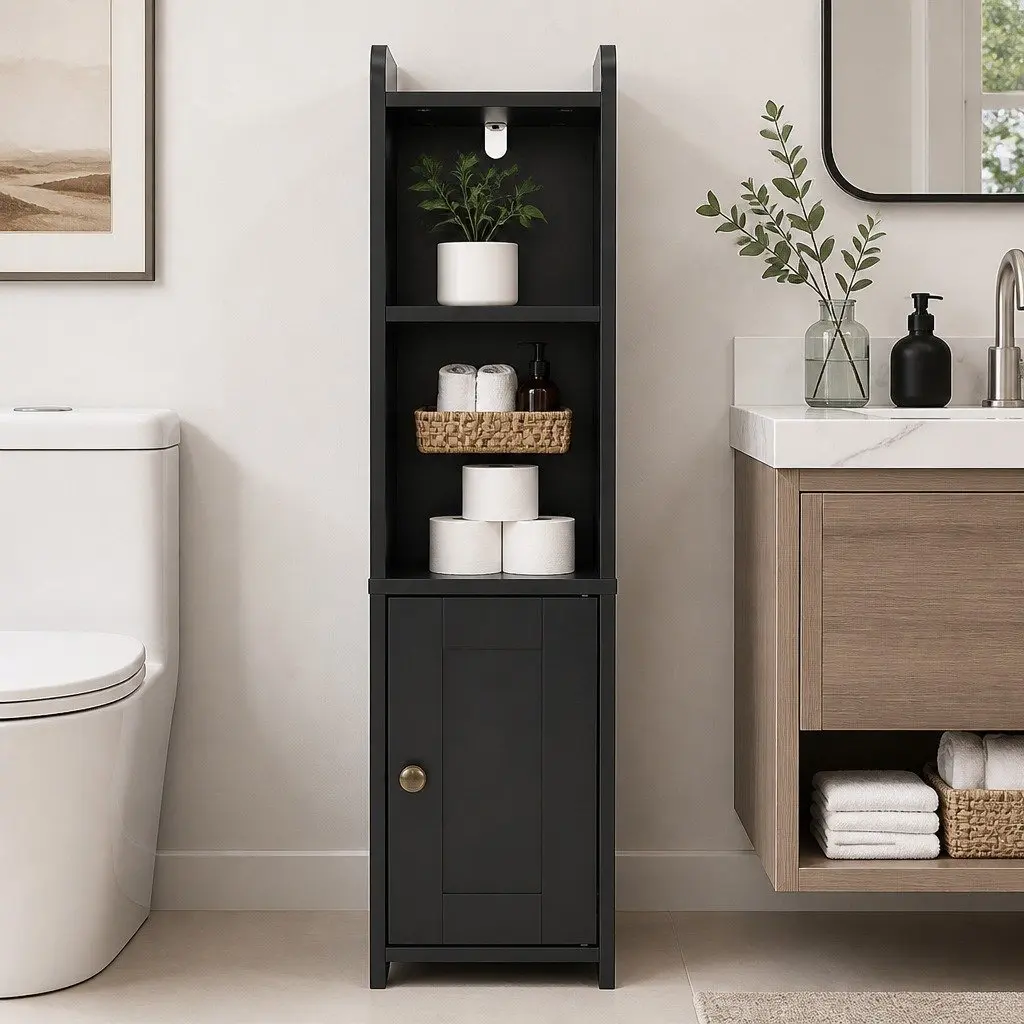 Bathroom Storage Cabinet Black Slim Corner Organiser with Adjustable Shelves and Hidden Toilet Paper Holder 78.5cm
