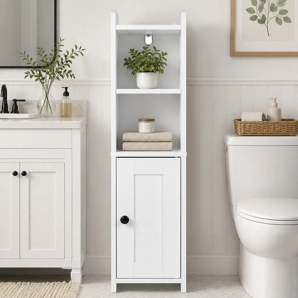 Bathroom Storage Cabinet White 78.5cm Slim Organiser with Adjustable Shelves and Hidden Toilet Paper Compartment