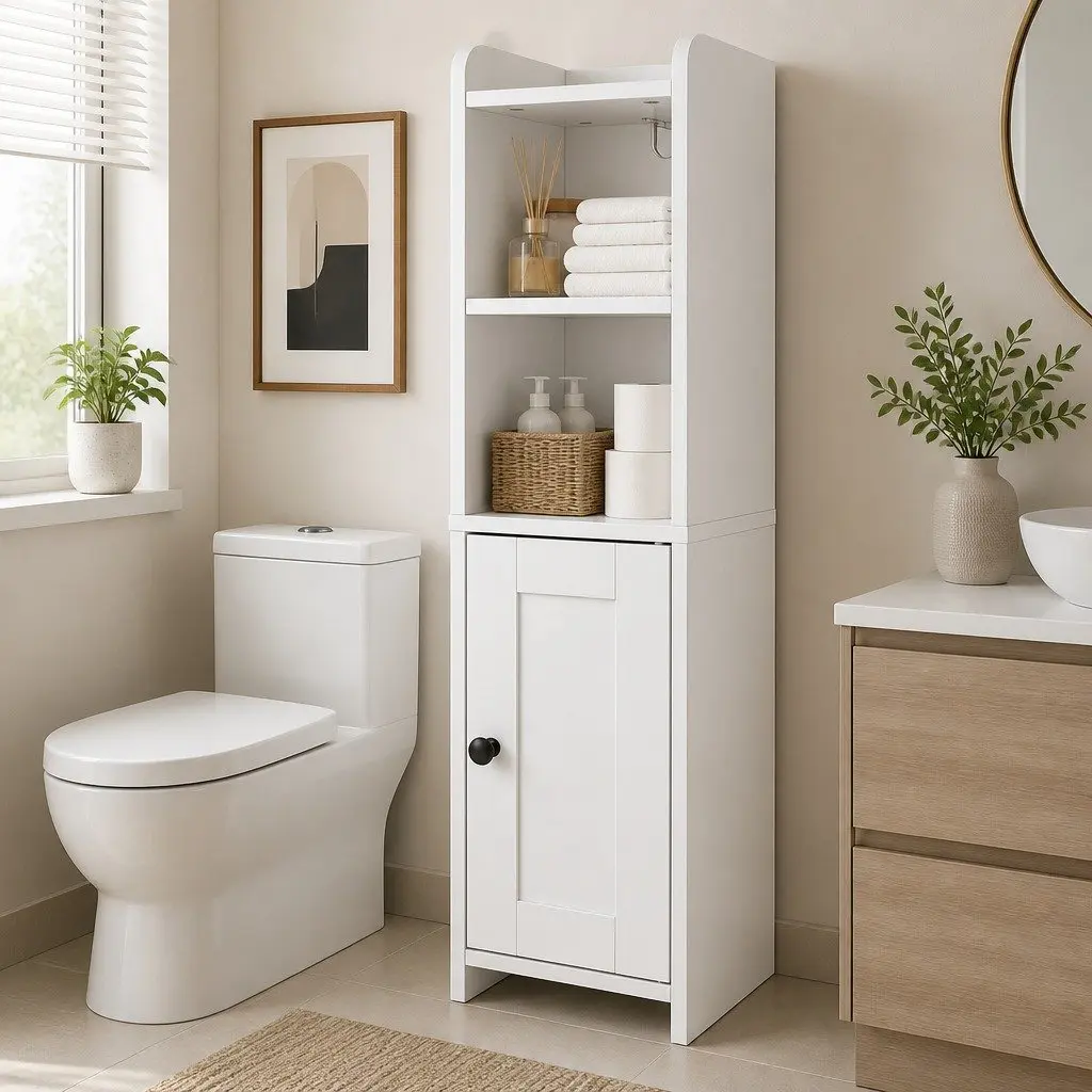Bathroom Storage Cabinet White 78.5cm Slim Organiser with Adjustable Shelves and Hidden Toilet Paper Compartment