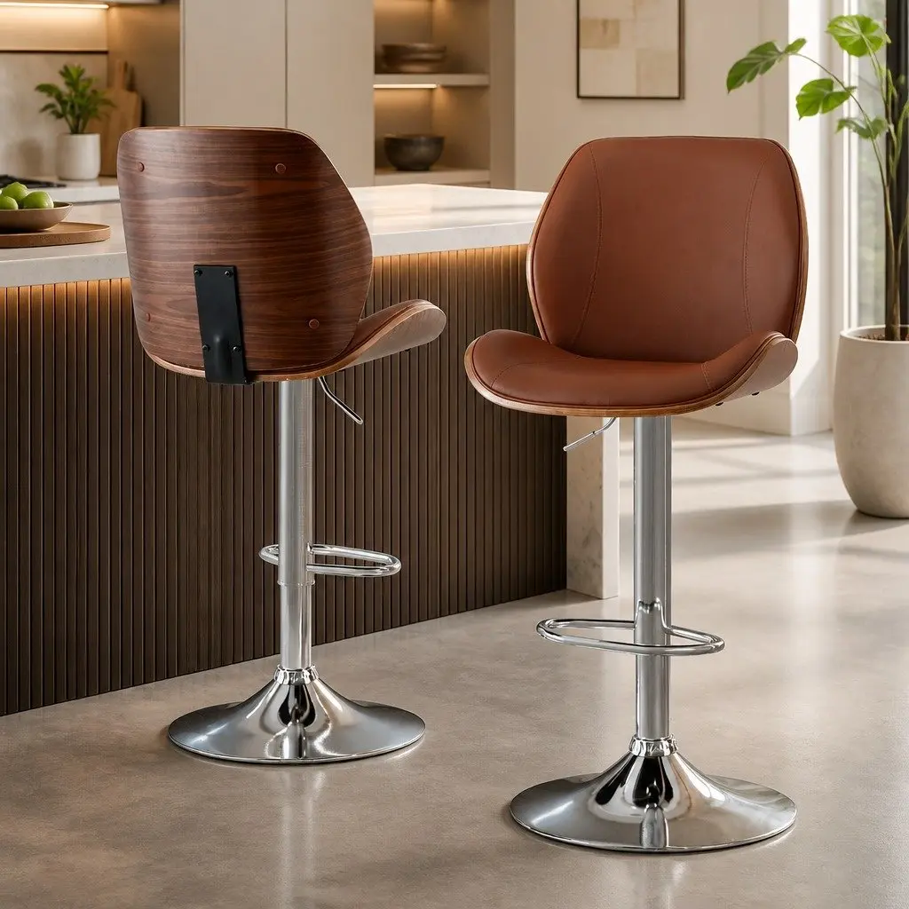 Bar Stools Brown Adjustable Height PU Leather Seat Bentwood Backrest Set of 2
