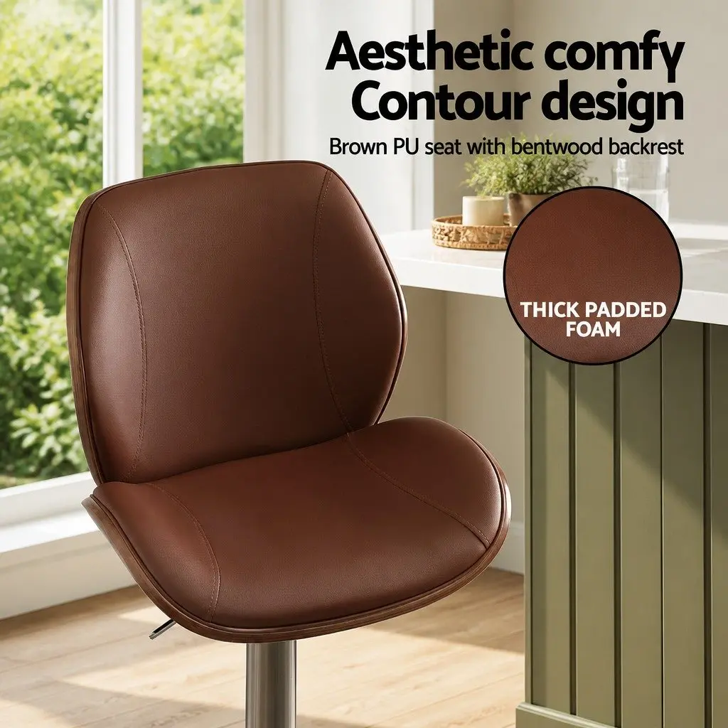 Bar Stools Brown Adjustable Height PU Leather Seat Bentwood Backrest Set of 2