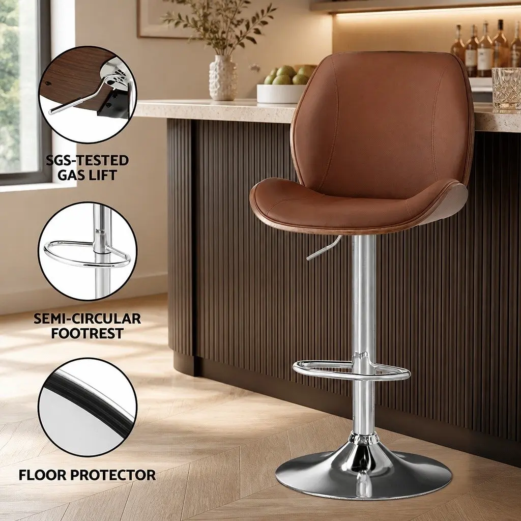 Bar Stools Brown Adjustable Height PU Leather Seat Bentwood Backrest Set of 2