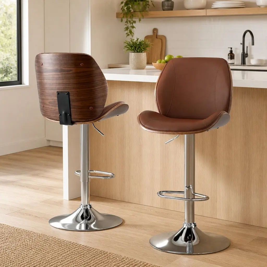 Bar Stools Brown Adjustable Height PU Leather Seat Bentwood Backrest Set of 2