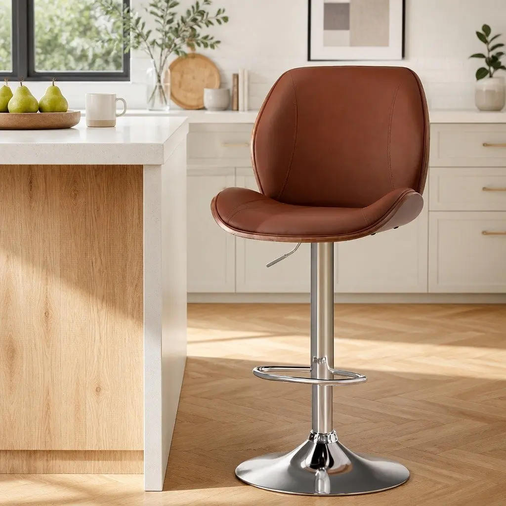 Bar Stool Bentwood Swivel Adjustable Kitchen Dining Counter Height Brown Leather