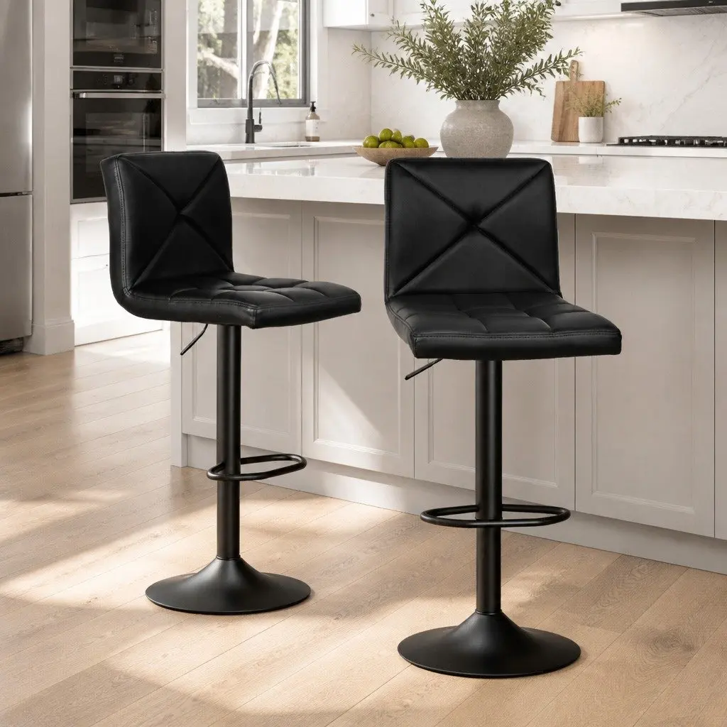 Bar Stools Black Set of 2 Gas Lift Swivel Seat 360 Degree Adjustable Height